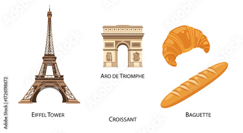 Captivating vector collection of prominent French landmarks and traditional culinary treats, celebrating the essence of Parisian culture and travel