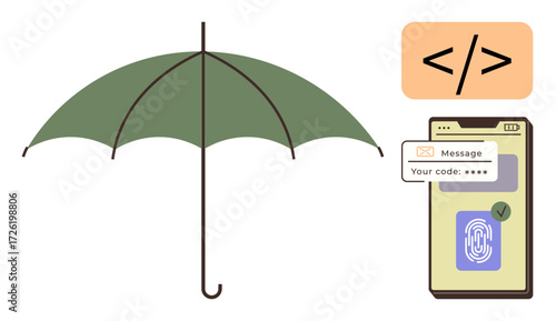 Green umbrella symbolizing protection alongside mobile authentication process and coding tag. Ideal for technology, security, privacy, innovation, app development, digital safety, simple flat