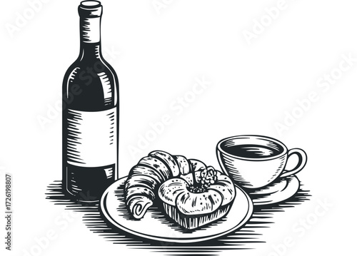 Bottle of Wine with Croissant and Coffee Cup. Vector hand drawn illustration