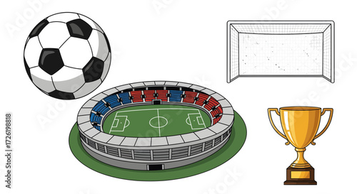 Vector set of essential football and soccer game elements a ball, stadium, goal, and winner's trophy. Great for sports-themed designs