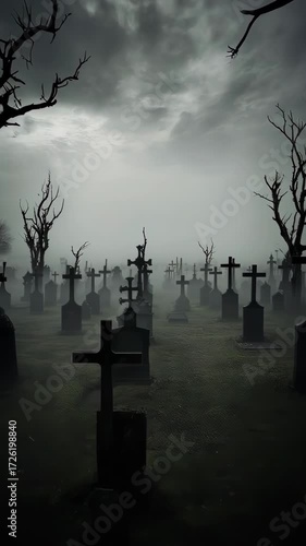 Wallpaper Mural Creepy Old Graveyard at Night - Gothic Horror Cemetery Background. A perfect background for horror, gothic, or supernatural-themed visual content, setting a tone of dread and decay. Torontodigital.ca