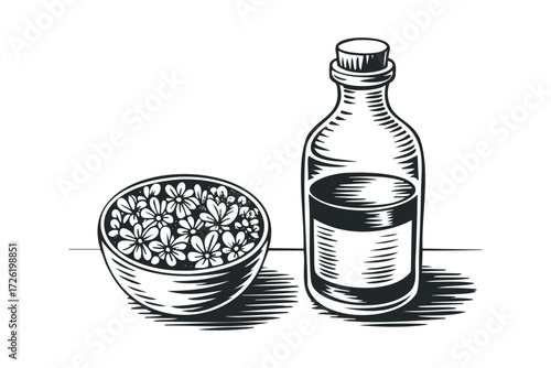 Bowl of blossoms and corked bottle of liquid. Vector hand drawn illustration