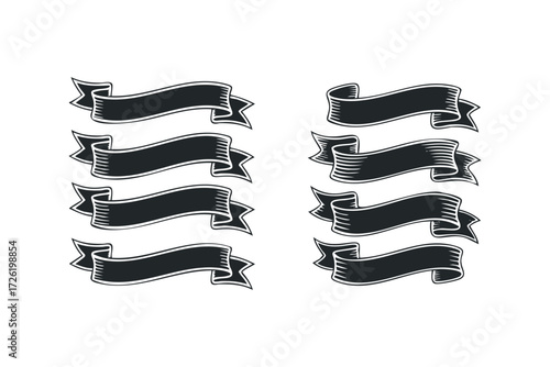 Collection of Black Ribbon Labels with Textured Folds. Vector hand drawn illustration