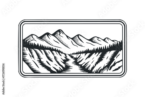 Mountainous Landscape with Pine Trees and Valley. Vector hand drawn illustration
