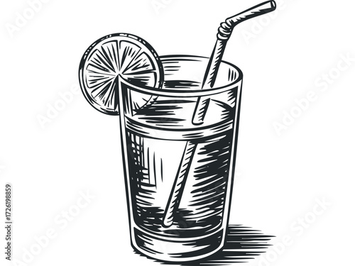 Hand drawn glass with refreshing beverage and citrus slice. Vector hand drawn illustration