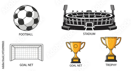 Dynamic Vector Collection of Soccer and Football Elements Stadium, Goal Net, Ball, and Winner's Trophies for Sport Designs
