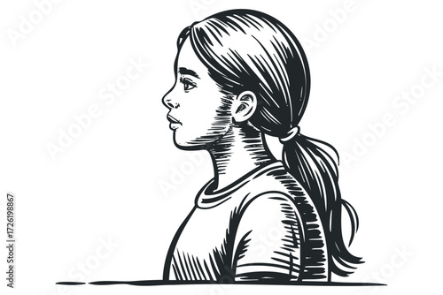 Profile sketch of young girl with ponytail looking away. Vector hand drawn illustration