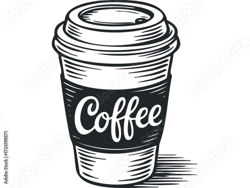 Hand drawn coffee cup with text. Vector hand drawn illustration