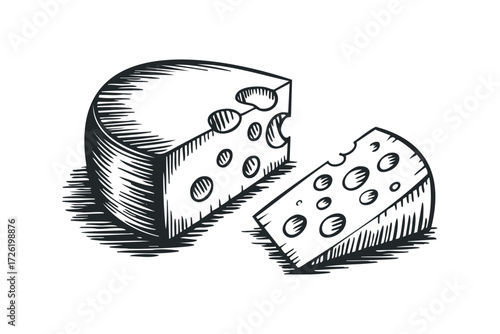 Sketch of cheese wedge with holes. Vector hand drawn illustration