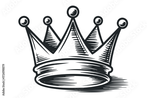 Black and white crown with pointed spikes and round jewels. Vector hand drawn illustration