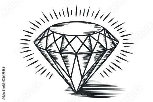 Hand Drawn Gemstone With Rays Of Light. Vector hand drawn illustration