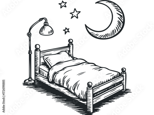 Drawn Bedroom Scene With Bed Moonlight and Lamp. Vector hand drawn illustration