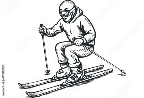 Black and white sketch of skier going downhill. Vector hand drawn illustration