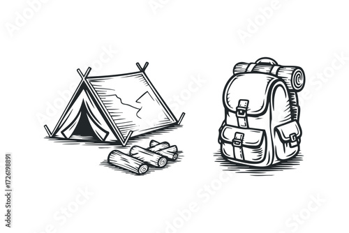 Camping tent backpack and firewood icons. Vector hand drawn illustration