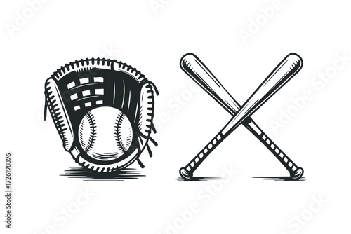 Baseball glove and crossed bats on white. Vector hand drawn illustration