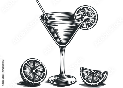 Cocktail glass with citrus slices and straw. Vector hand drawn illustration