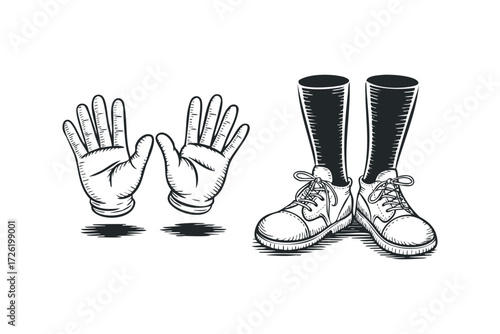 Stylized hands and feet drawing on white. Vector hand drawn illustration