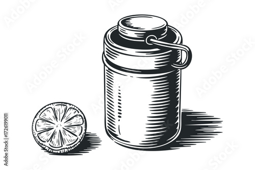 Sketch of a metal container with a handle and a citrus fruit slice. Vector hand drawn illustration