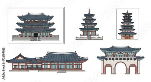 Vector collection of traditional Korean architecture. Ancient palace structures, elegant multi-tiered pagodas, and grand gates for cultural design