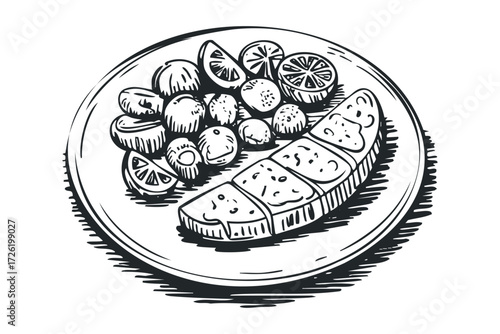 Sketch of Meatballs and Citrus Slices on Plate. Vector hand drawn illustration