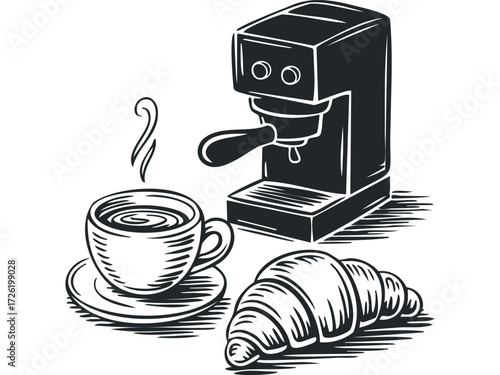 Espresso Machine With Coffee Cup And Croissant. Vector hand drawn illustration
