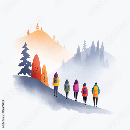 Group of people walking on a mountain path towards the horizon.