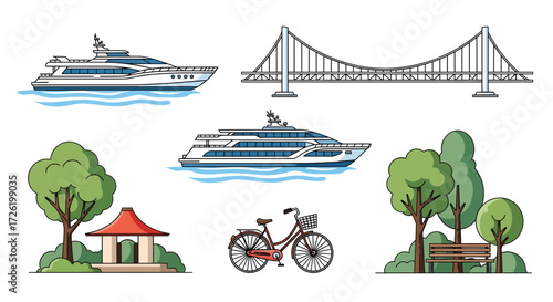 Illustration of a yacht, suspension bridge, park bench, pavilion, and bicycle on a white background