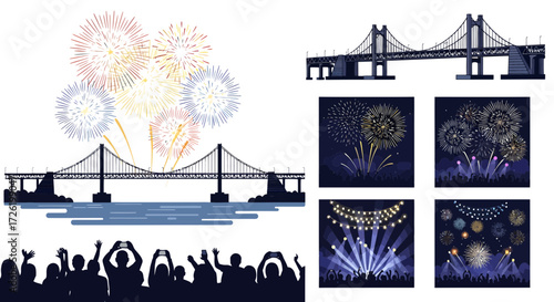 Festive Fireworks Display Above a Bridge with Silhouetted Spectators