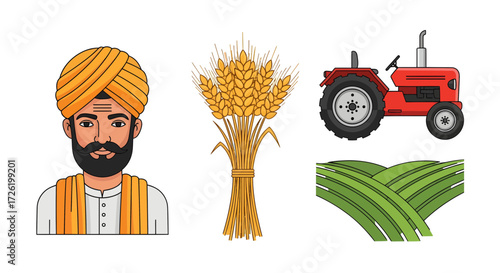 Vibrant vector set illustrating core elements of Indian agriculture, featuring a traditional farmer, modern tractor, wheat harvest, and lush fields