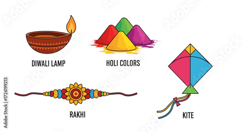 Illustrative vector compilation of traditional Indian festival elements a lit oil lamp, colorful gulal, a decorative Rakhi, and a festive kite, embodying cultural joy