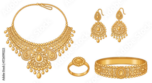 Exquisite Vector Gold Jewelry Set Traditional Indian Necklace, Dangle Earrings, Ornate Ring, and Detailed Bracelet, Perfect for Fashion and Cultural Design Projects
