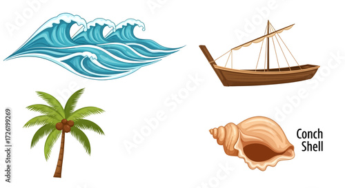 Vector collection of essential summer and beach elements powerful ocean waves, a traditional sailing boat, a tropical coconut palm tree, and a detailed conch shell, perfect for themed designs
