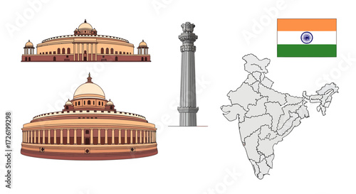 Comprehensive vector illustration set showcasing Indian police force essentials, including the official uniform cap, emblem, security baton, and a patrol vehicle, isolated on a white background