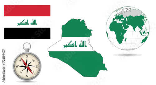 Vector bundle of Iraq symbols national flag, country map, world globe, and navigation compass. Perfect for travel, education, and cultural graphic design projects