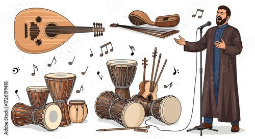 Vector art of a male singer performing, surrounded by traditional Middle Eastern instruments oud, rhythmic drums, and music notes, symbolizing cultural music