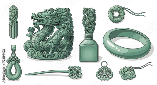 Collection of Elegant Jade Carvings Dragon, Seal, Bracelet, and Ornaments