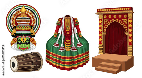 Vibrant vector illustration set depicting traditional Indian Kathakali performing arts, including a dancer, ornate headgear, cultural stage, and classical musical instrument