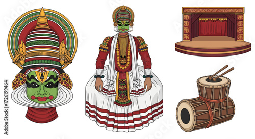 Vector set of traditional Indian Kathakali dance cultural elements a dramatic performer, vibrant headgear, classic stage, and authentic percussion drum illustrations