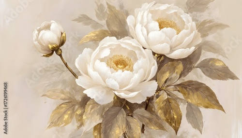 Elegant White Peony Flowers with Gold Accents on Beige Background for Home Decor