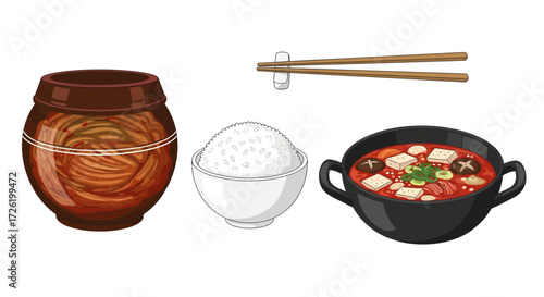 Korean food icons kimchi jar, rice bowl, and stew