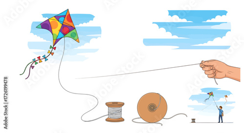 Vector illustration of a vibrant, multicolored kite soaring high in the blue sky, held by a hand with a string and spool, depicting the joyful and traditional outdoor recreational activity