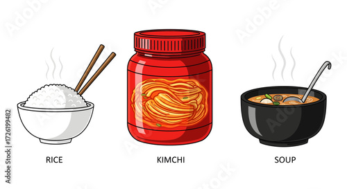 Korean Cuisine Vector Set Steaming Rice, Fermented Vegetables, and Warm Soup. Essential food illustrations for diverse culinary and cultural design