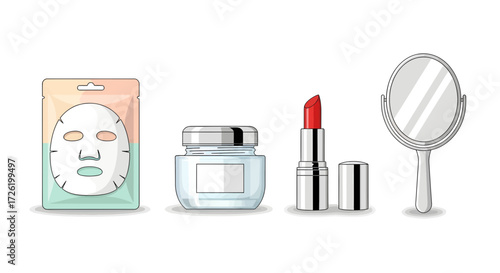 Beauty products collection vector illustration face mask, cream jar, lipstick, and hand mirror on a white background