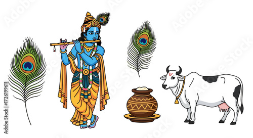 Vibrant Collection Lord Krishna with Flute, Peacock Feathers, Butter Pot, and Sacred Cow - Vector Art