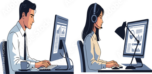 Business professionals working at computers, office teamwork collaboration, customer service support, data analysis charts, corporate workplace productivity, modern technology communication