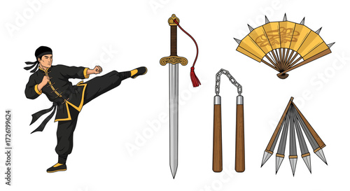 Martial Arts Collection Dynamic Kung Fu Warrior, Traditional Weapons, and Decorative Fan on White Background