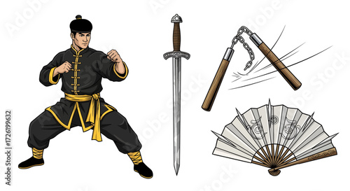 Martial Arts Weaponry and Fighter Vector Set on White Background