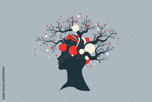 Abstract Head Silhouette with Tree Branches and Digital Nodes – Brain, Growth and Business Concept Illustration
