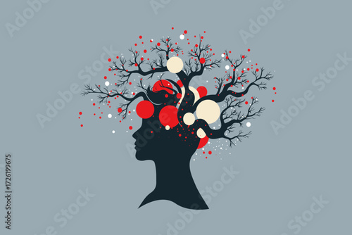 Abstract Head Silhouette with Tree Branches and Digital Nodes – Brain, Growth and Business Concept Illustration
