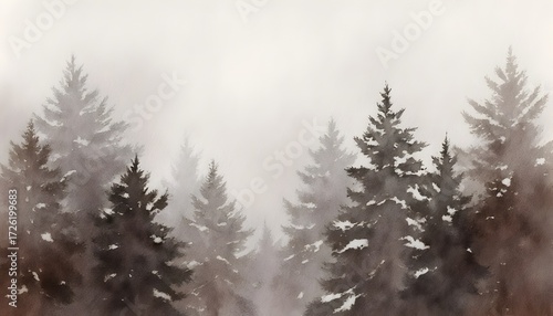 Misty Forest with Tall Evergreen Trees in Monochrome Watercolor Style